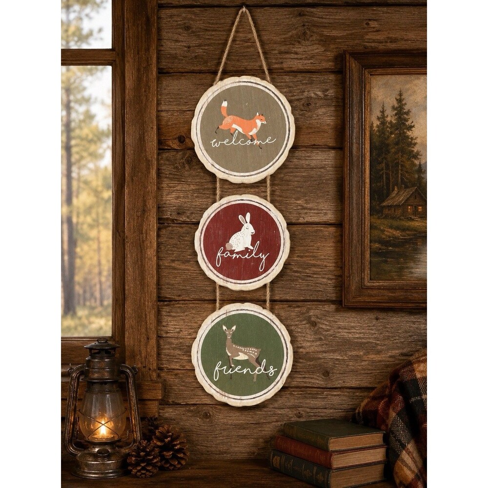 Rustic Woodland Welcome Family Friends Hanging Wood Sign Deer Fox Bunny Decor